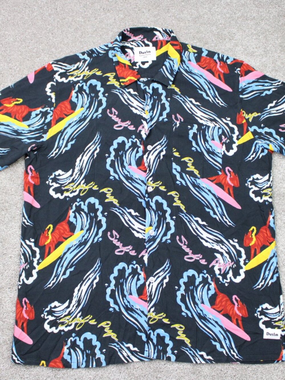 Duvin Camp Shirt Mens Large Black Colorful Rayon Hawaiian Loop Collar Casual S/S